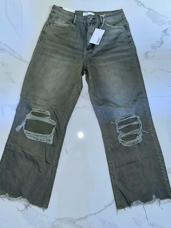 Vervet Denim - Women’s Distressed Wide-Leg Jeans - Moody Green